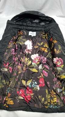 NWT Jason Wu Black Hooded A-Line Puffer Coat with Floral Lining, Size XS